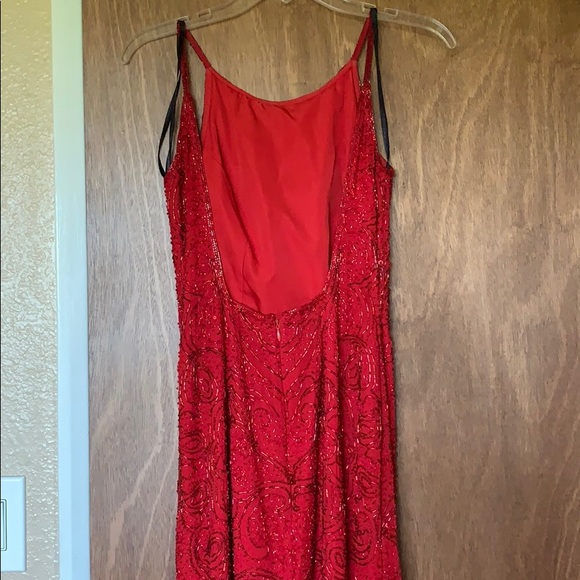 Red beaded midi formal dress with slit in the back - Picture 2 of 10